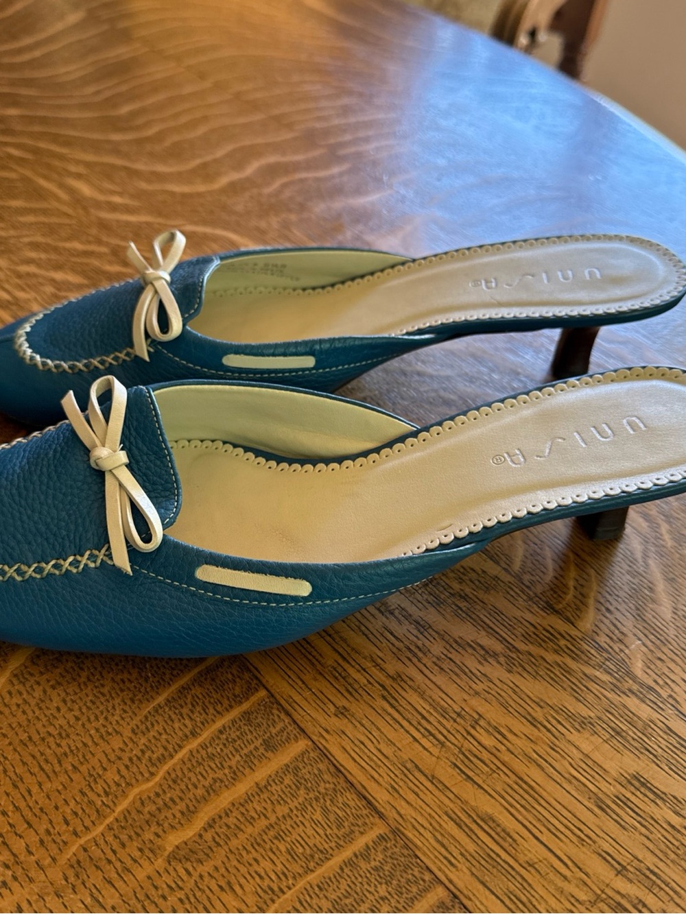 Unisa Teal Leather Slip-On Mules with Cream Bow